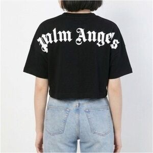 PALM ANGELS Black Cropped Logo Tee - Black White Script